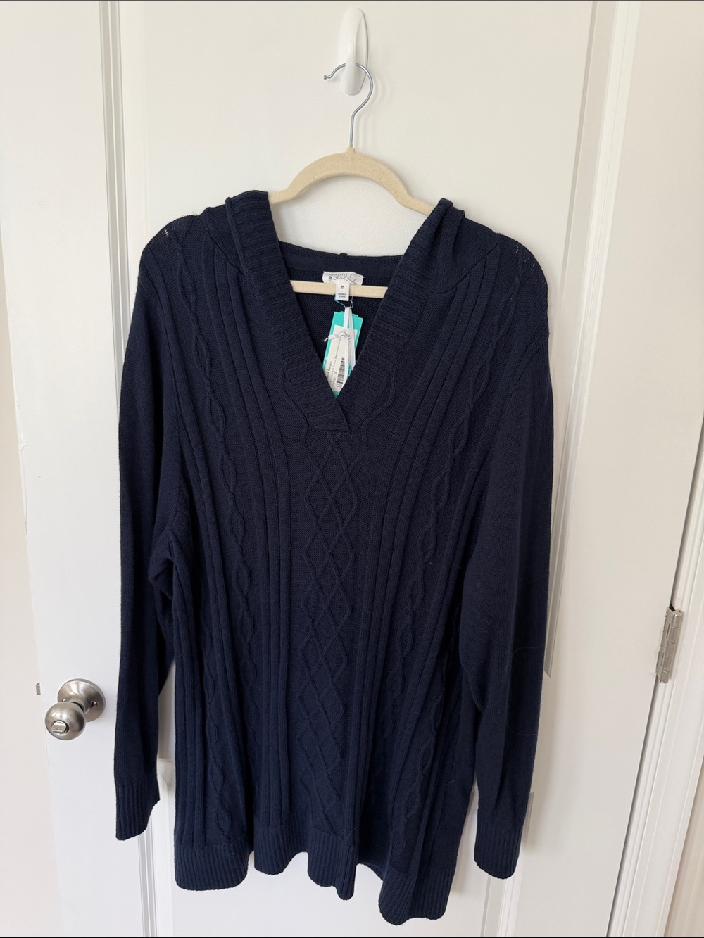 Market & Spruce Navy Cable-Knit V-Neck Hooded Sweater